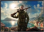 Sniper Elite 4, Żołnierz, Karabin, Miasto, Słońce, Samolot, Statki, Dym